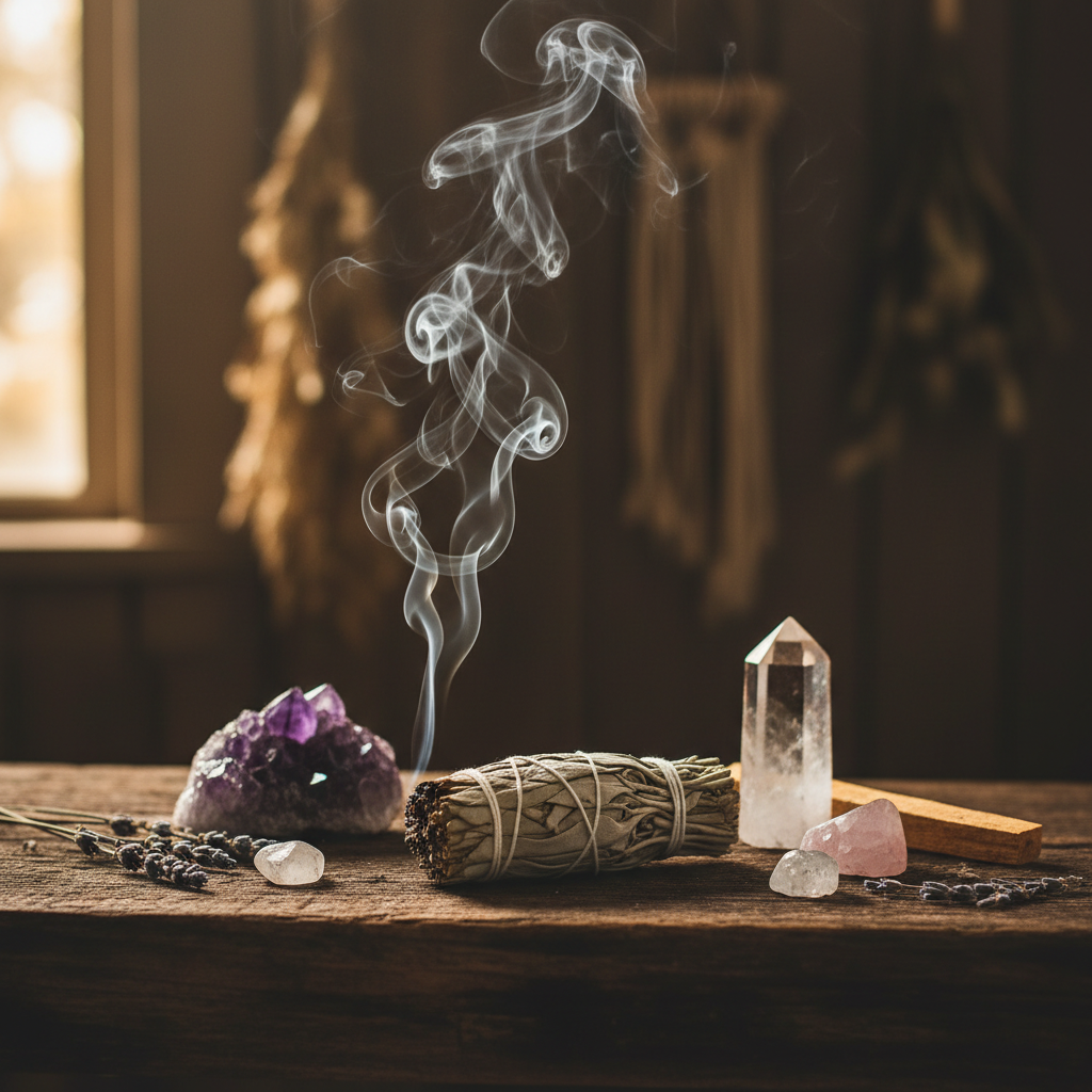 Burning sage smudge bundle with smoke wisps on rustic wooden surface