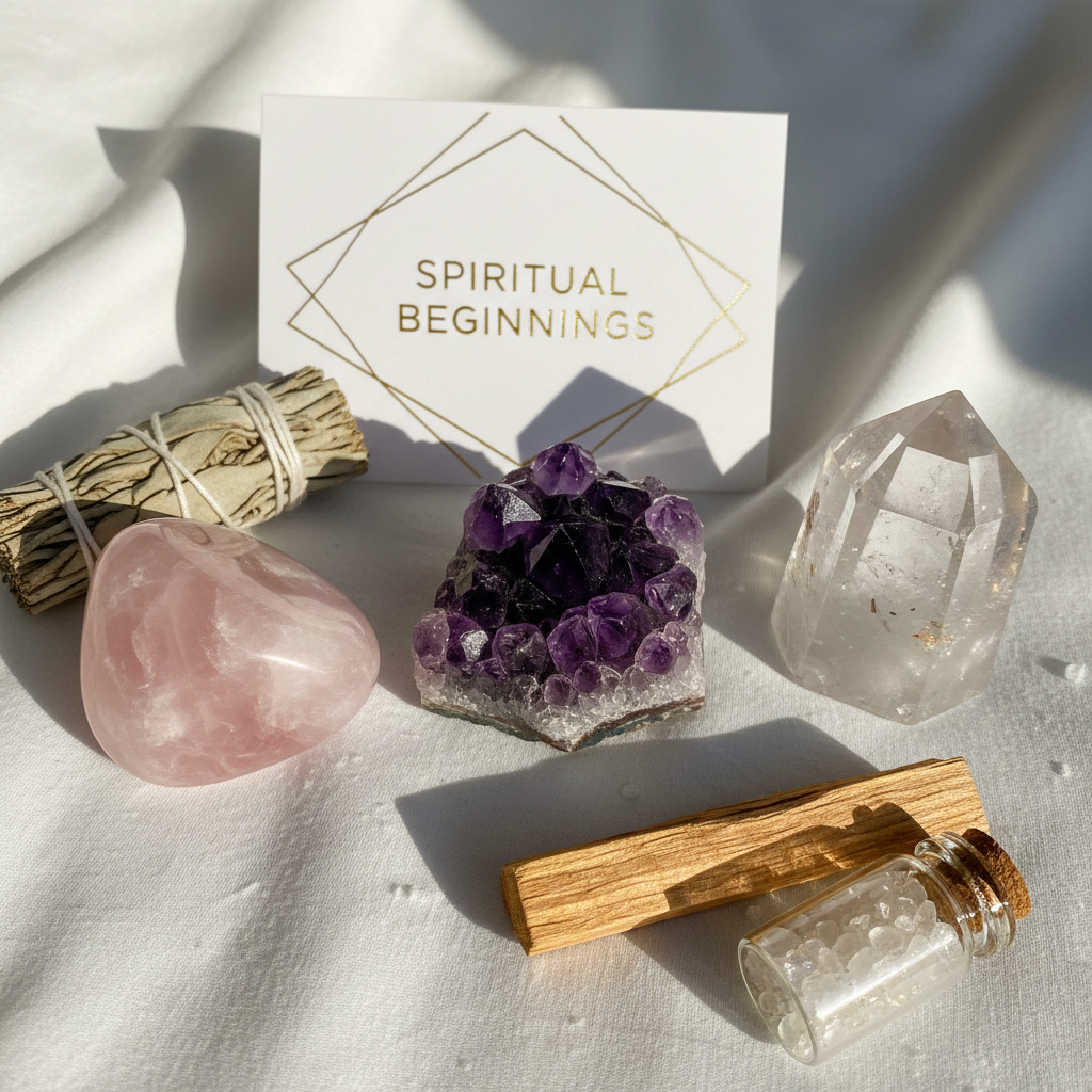 Crystal starter set with amethyst, rose quartz and clear quartz on white background