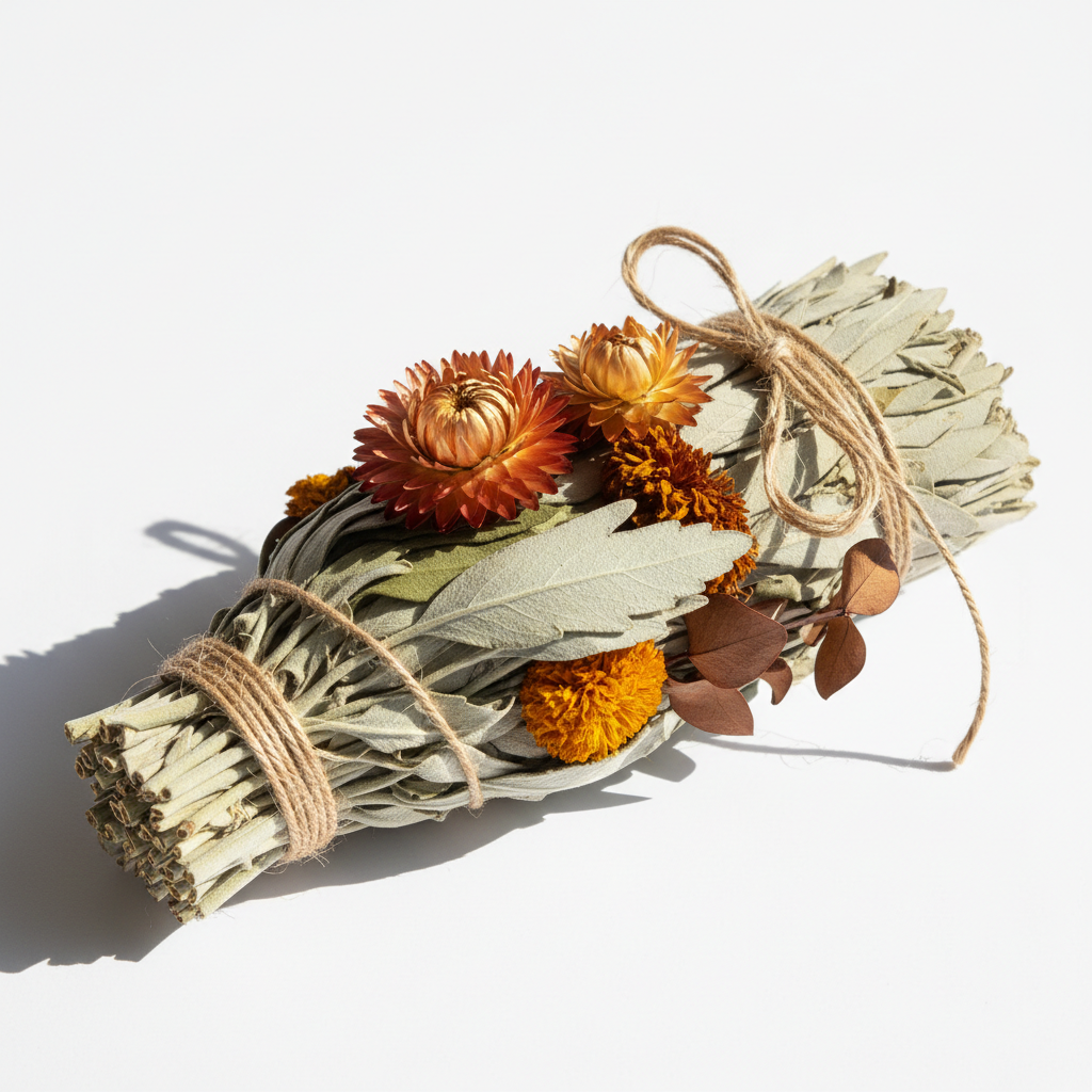 White sage smudge bundle tied with twine on white background