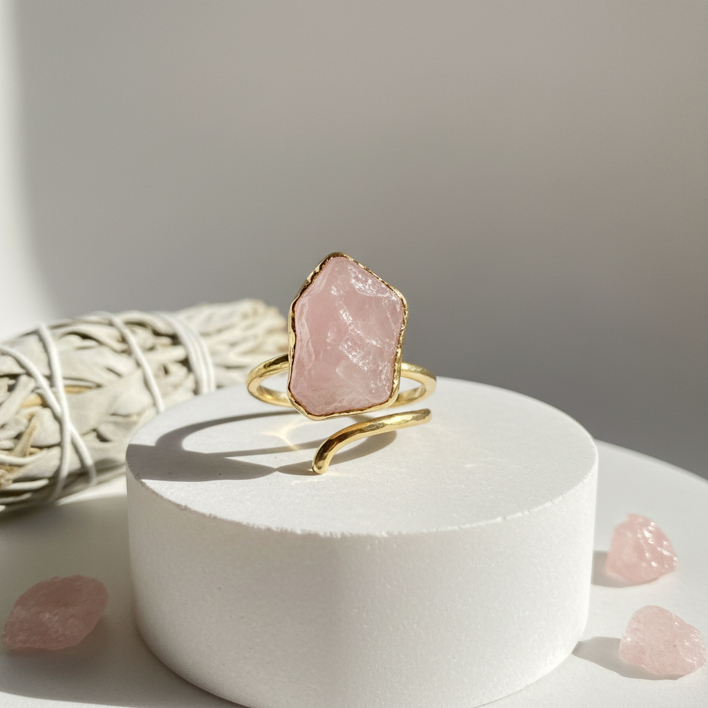 Delicate rose quartz ring with gold-tone band