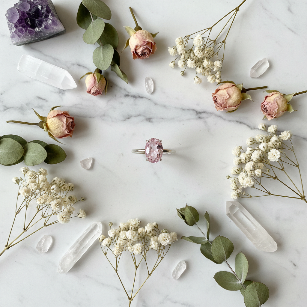 Rose quartz ring flat lay on white marble with dried flowers and crystals