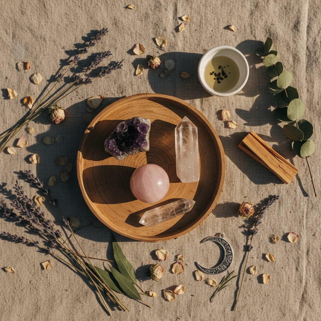 Crystal healing set flat lay on linen cloth with dried flowers and wooden tray
