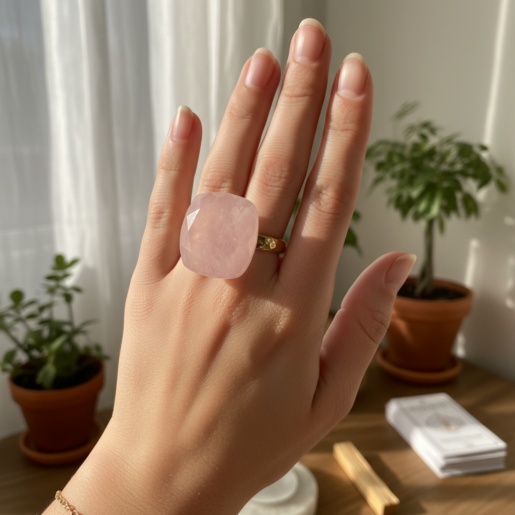 Rose quartz ring worn on a woman's hand with warm natural lighting