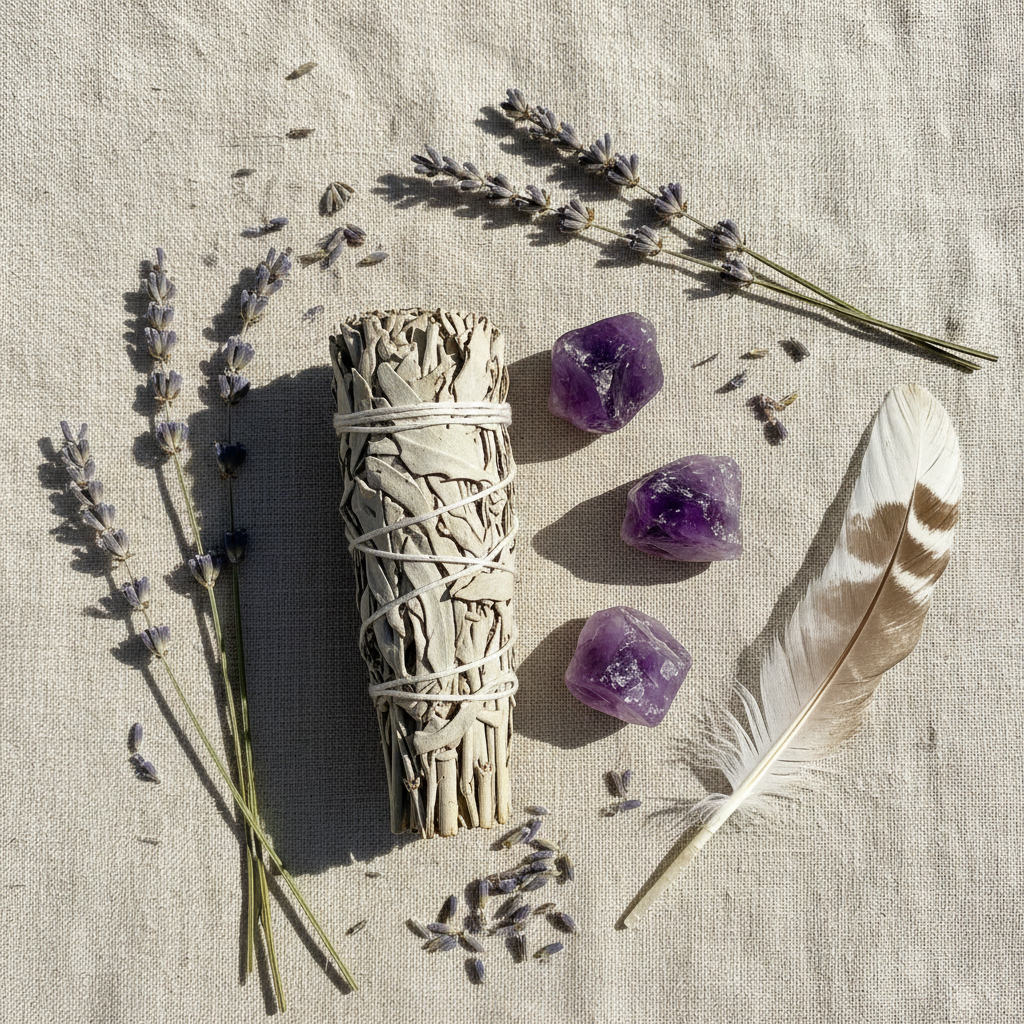 Sage smudge bundle flat lay with amethyst crystals and dried lavender