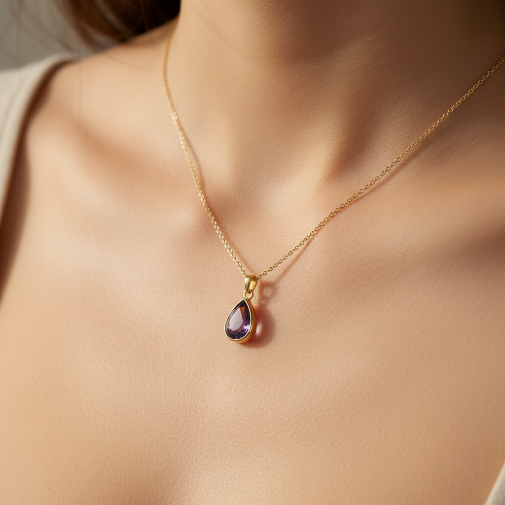 Amethyst pendant necklace worn on neck, warm natural light